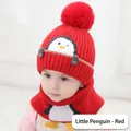 Toddler knitted winter hat and scarf set in red featuring a cute little penguin design - Little Penguin Hat & Scarf Set - Red