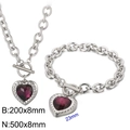 Silver heart jewelry set with purple crystal, OT buckle chain necklace and bracelet - Silver 2-Piece Set - Dark Purple Gem (KS197631-Z)
