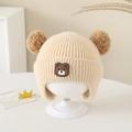 Beige baby knit trapper hat with brown pom-poms and cute cartoon bear patch - Bear Patch - Beige