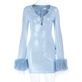 Detail of light blue sequined sleeve with luxurious faux fur trim on a party dress - S / Blue