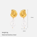 Golden stainless steel swirl earrings with white baroque pearl drop, 47mm length - Gold Vortex Baroque Pearl Earrings