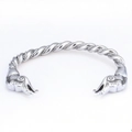 Silver vintage Viking style open bracelet with twisted band and wolf head terminals - Wolf Head Steel Style (F0313)