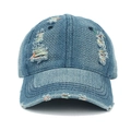 Rainbow stitching distressed vintage washed denim baseball cap with frayed hole details - One Size(Adjustable) / Medium Blue & White