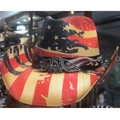Close-up of USA metal badge and American flag print on a vintage western cowboy hat - 56-58cm / Flag Style 14
