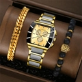 Business men's watch set with gold steel band and matching lion bracelets in gift box - Watch & Bracelet Set / Two-tone Gold Set