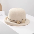 Elegant cream-white breathable straw sun hat with khaki bow tie and black edge detail - Bow Decoration / Beige