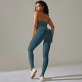Détails de l'ensemble de yoga sans couture bleu pétrole avec legging à texture côtelée - S / Dos nu Soutien-Gorge + Leggings Ensemble / Dos nu-Sarcelle