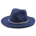 Navy blue straw panama fedora hat with silver metal chain decor for summer sun protection - M (56-58cm) / Navy Blue