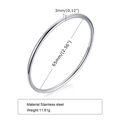 Detail view of 3mm silver stainless steel bangle showing inner diameter and thickness spec - 3*65mm / Steel