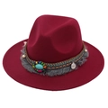 Detail of burgundy felt fedora featuring ethnic beads, turquoise stone and vintage coin - Kids One Size (54cm) / Burgundy