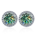 Macro detail of round cut green moissanite stud earrings in 925 silver halo setting - 0.5ct / Teal