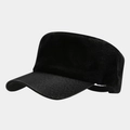 Detailed view of black plush textures and faux snake skin leather brim on military cap - Black