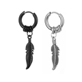 Punk style titanium steel hoop earrings with hanging feather charms in black and silver - Steel-colored 5-ring Feather Earrings [one]