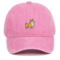 Pink washed cotton baseball cap with yellow corgi dog embroidery on a white background - Adjustable / Pink