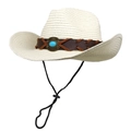 Detail of ivory straw cowboy hat featuring brown leather band and turquoise stone accent - M (56-58cm) / Creamy White