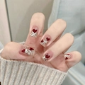 Sweet press-on nails with red hearts and silver glitter accents on clear base - By1547 Red Heart Sequins / Glue Type