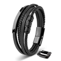 Detailed view of men's multilayer black leather bracelet with magnetic metal clasp - Four-layer Curved Tube Threaded / Black