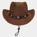 Detail of western straw cowboy hat with leather band and vintage metal studs - Dark Brown