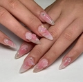Pink gradient press-on nails with 3D butterfly, rose, and pearls on stiletto shape - K028【24pcs】 / Boxed (jelly Gel + Granules)
