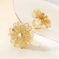 Adjustable golden hollow flower ring with layered petals and white pearl accent - Overlapping Hollow Mesh Pearl Style (KR113318-SP)