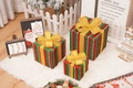 Three-piece set of red and green striped Christmas gift boxes with gold glitter bows - Red Green White Striped Christmas Gift Box