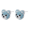 Macro detail of teddy bear earrings with blue crystals and silver-tone finish - Bear Head / Silver Lake Blue