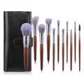 Set di 11 pennelli trucco con setole viola, manico in legno e astuccio in pelle nero - Set da 11 Pezzi Texture Legno di Rosa (Con Borsa in Pelle PU)