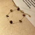 Tiger eye stone bead bracelet on fine gold-plated chain with adjustable extender - Gold/Simple Brown Beads