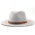Classic straw fedora hat in light grey with vintage leather turquoise beaded band - M(56-58cm) / Gray