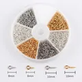 DIY jewelry kit showing silver and gold eye pins in 8mm and 10mm sizes with measurements - Box 4 - Eye Pins Screw Hooks Set (Approx. 720pcs)