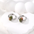 Macro detail of stainless steel hoop earrings featuring natural unakite stone beads - 3# Dark Green Natural Stone