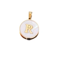 Golden stainless steel round pendant with white shell inlay featuring uppercase letter R - Letter R / 22mm (1 Piece/Pack) / Gold