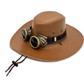 Brown PU leather cowboy hat with steampunk goggles and wide brim for outdoor use - M(56-58cm) / Yellow Brown with Goggles