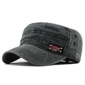 Detail of dark grey washed cotton flat top army cap with leather patch and metal eyelets - Black