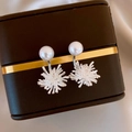 Macro view of 18k gold plated pearl and zircon firework earrings in a vintage jewelry box - 34# Firework Pearl Pendant (34# Silver Pin-Silver-Firework)