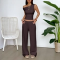 Women's two-piece set in dark brown featuring a one-shoulder top and textured wide-leg pants - XS / Brown