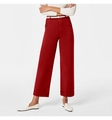 Elastic wide-leg straight denim cropped pants in vibrant red with a white belt - Red