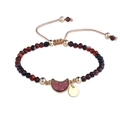 Handmade woven bracelet with 4mm faceted pink stone beads and golden crescent moon charm - Burgundy