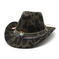 Ethnic bohemian style cow print felt cowboy hat featuring turquoise bead band decoration - M (56-58cm) / Army Green (Cow Print)