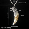 Men's stainless steel wolf tooth pendant necklace with acrylic tooth and alloy head - Wolf Tooth No.8 + 70cm Steel Chain