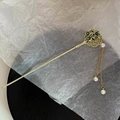 Golden Chinese hair pin with green bamboo leaf motifs and pearl tassel charms - Window Bamboo