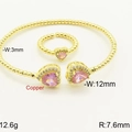 Gold plated bead bracelet and ring set with pink heart zirconia and clear accents - Gold Pink