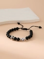 Adjustable matte black bead bracelet with soccer ball and letter P charms - Letter P