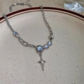 Silver layered necklace with light blue cat eye stones and sparkling star pendant - Silver Moonstone Star Style