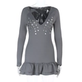 Detail of grey V-neck mini dress showing decorative buttons and ruffled hemline - S / Gray