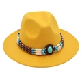 Detail of bohemian ethnic band with turquoise beads on a yellow felt jazz fedora hat - One Size / Yellow