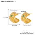 Pendientes de aro en C de acero de titanio dorado con turquesa y brillantes circonitas - Pendientes / Dorado