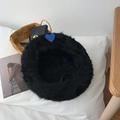 Sweet black faux fur beret with blue heart patch embroidery for women autumn winter - 56-58cm / Black