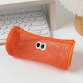 Orange mesh pencil case with cartoon eyes and large capacity for school stationery - Orange