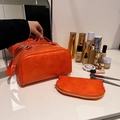 Ensemble de 2 trousses à maquillage en cuir PU orange avec poignée et organisateur voyage - Orange